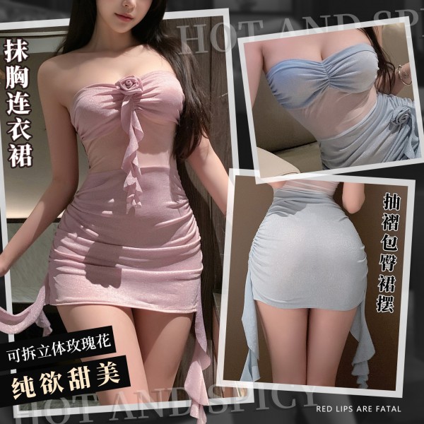 霏慕 可拆立体玫瑰抹胸连衣裙zy28