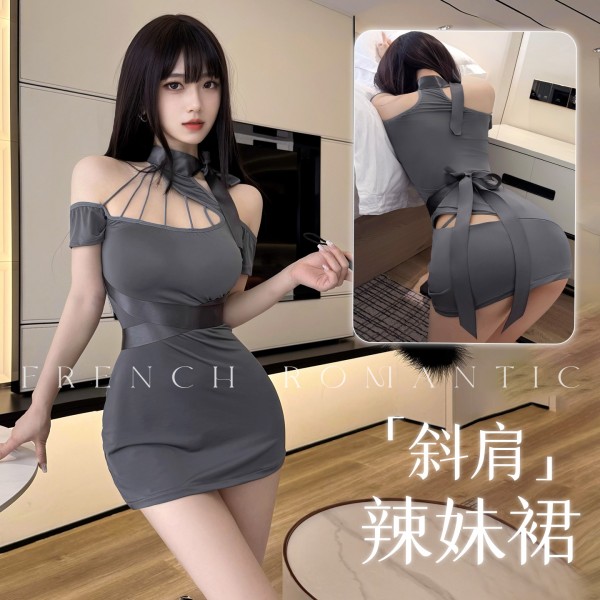 霏慕 不规则斜肩镂空辣妹裙zy07