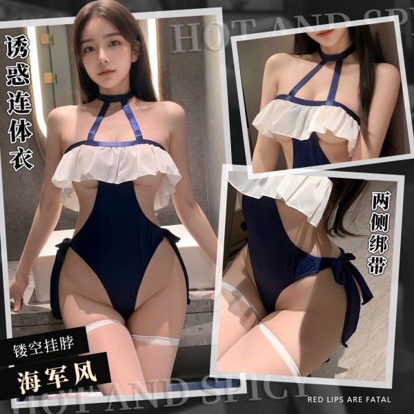 霏慕 海军风镂空挂脖连体衣7040