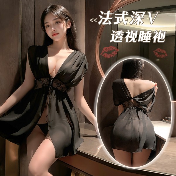 霏慕 法式深v宽袖透视睡袍zy69