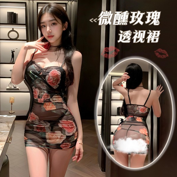 霏慕 微醺玫瑰透视抽褶包臀裙zy75