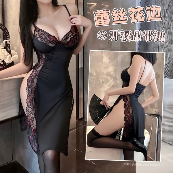 霏慕 蕾丝花边开衩吊带裙7899