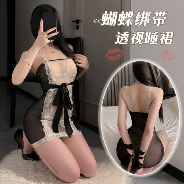 霏慕 蝴蝶绑带饰腰身透视睡裙zy102