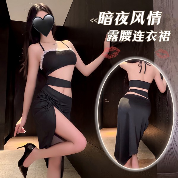 霏慕 暗夜风情分节露腰连衣裙zy136