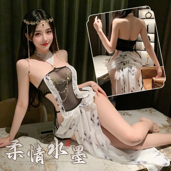 霏慕 柔情水墨拼接露腰连衣裙zy98