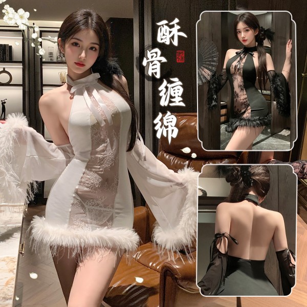 霏慕 酥骨缠绵挂脖毛边连衣裙zy96