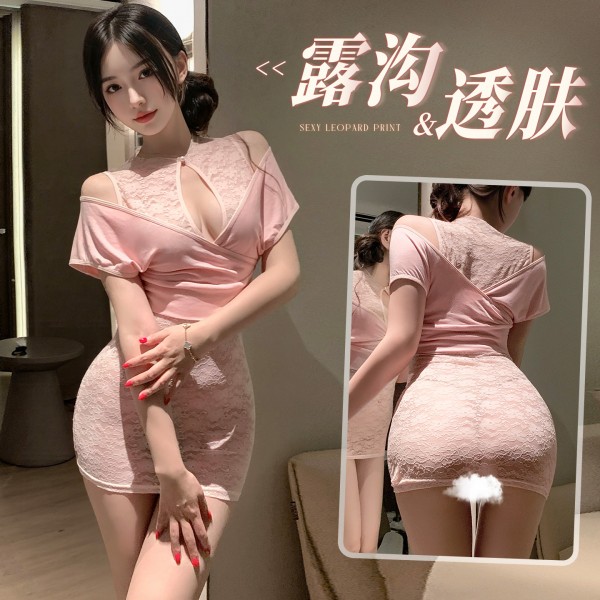 霏慕 粉漾缠绵露沟透肤连衣裙zy175