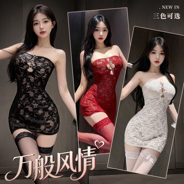 谜姬×霏慕 辣妹抹胸镂空蕾丝包臀裙6542