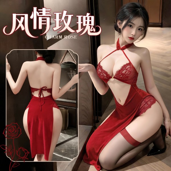 霏慕 风情玫瑰挖空盘扣旗袍zy184