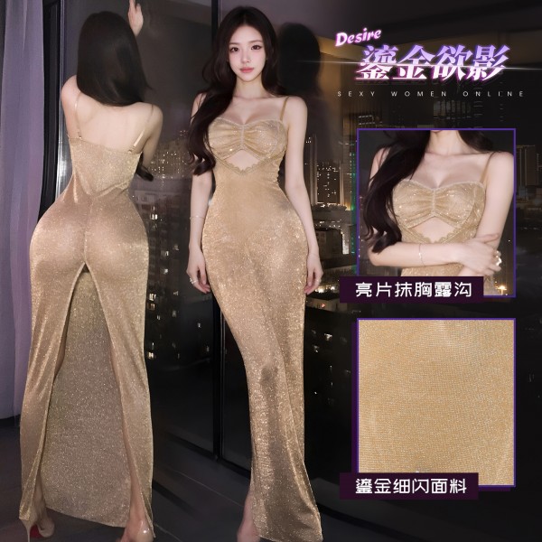 霏慕 鎏金欲影修身开叉连衣裙zy170